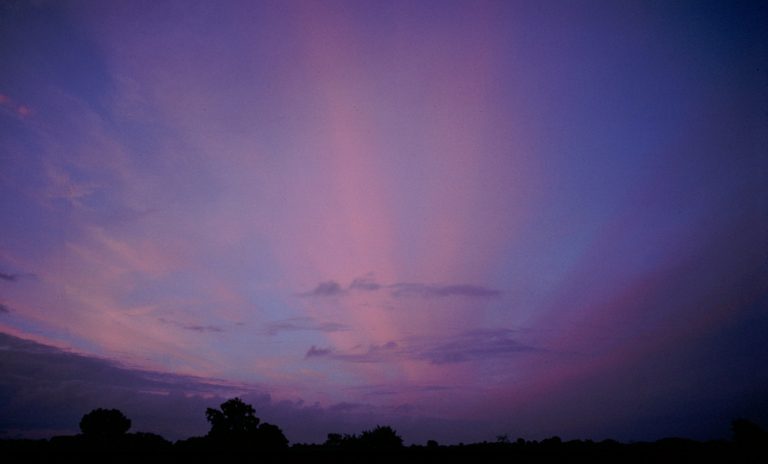 Diese zarten rosa Gebilde sind keine Lichtstrahlen, sondern von der Abendsonne beleuchtete, parallel über den Himmel gezogene Cirruswolken.